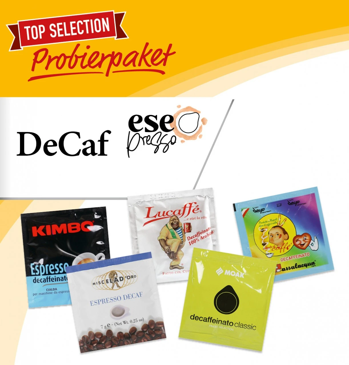 Pad Probierpaket Koffeinfrei - 25 Pads (5x5) 3 Pad Probierpaket Koffeinfrei - 25 Pads (5x5)