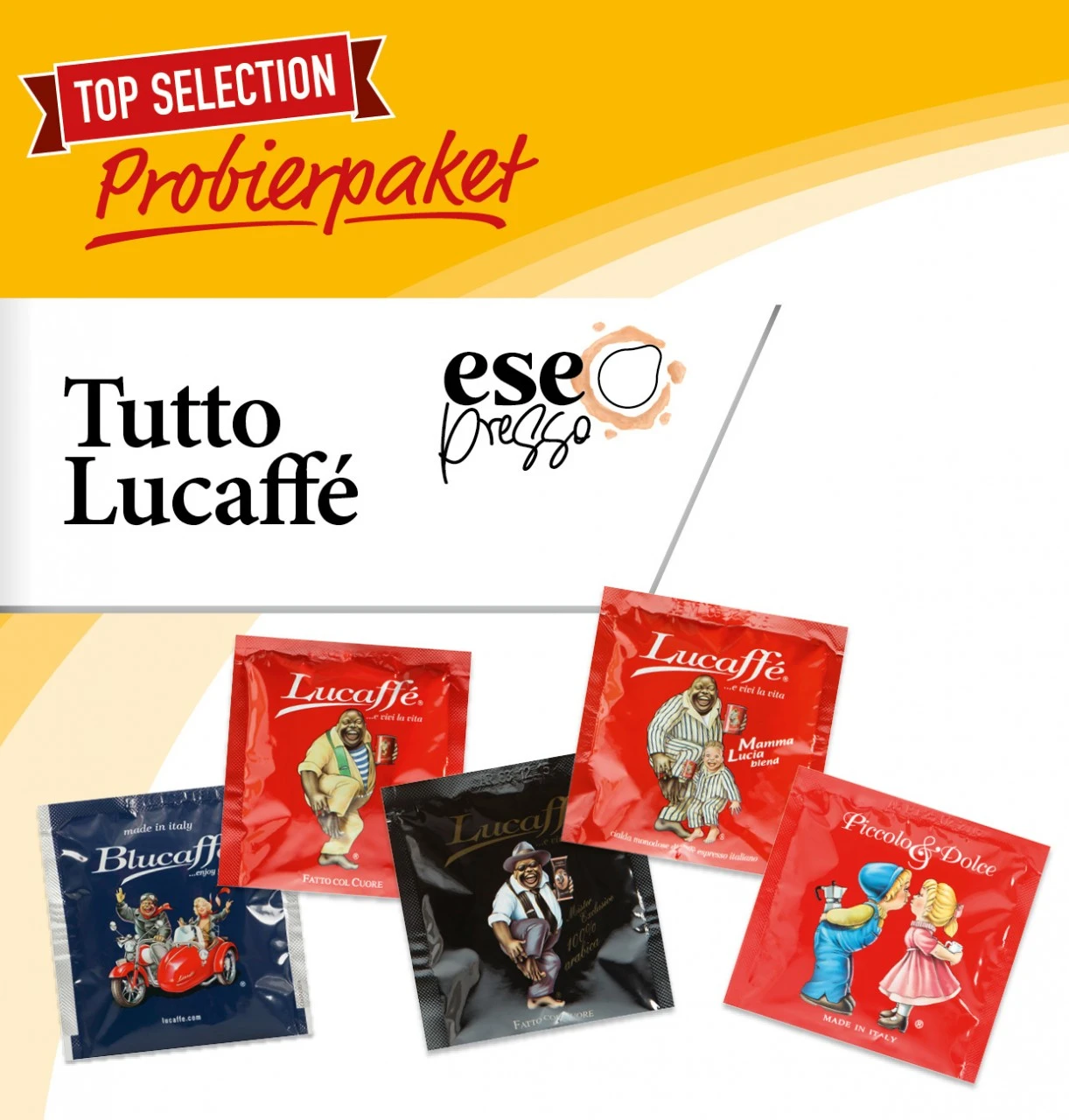 Pad Probierpaket "Tutto Lucaffe" - 25 ESE-Pads (5x5 Stück) 3 Pad Probierpaket "Tutto Lucaffe" - 25 ESE-Pads (5x5 Stück)